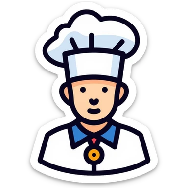 a pastry chef wearing the official uniform of Meilleurs Ouvriers de France (MOF) with a distinctive blue, white, and red collar, white chef coat, chef's hat, and medal sticker