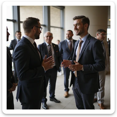 an indian in formal attire standing talking to a group with casual attire sticker
