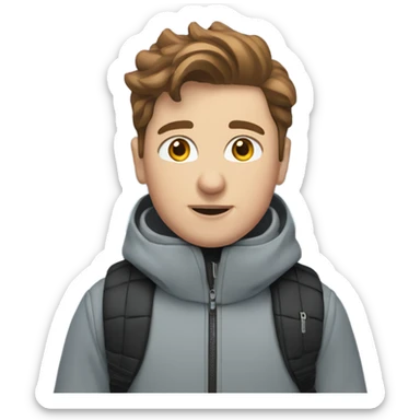 White boy with brown hair skiing on blue skis. Wearing a light gray coat. And a pair of black snow pants.  sticker