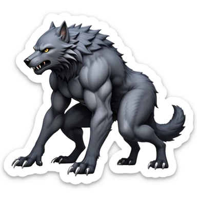 cinematic-noble-fierce-werewolf-full body on all fours-emoji, poised-and-imposing, with a tall, lean, and muscular wolfish frame inspired by the brutal, imposing shape of the beast from Berserk, fur rippling in shades of midnight black and silver, massive paws with razor-sharp claws, elongated limbs and fangs, eyes glowing with an intense, primal ferocity, reflecting the untamed power of the wild moonlit night; rendered with realism like a wolf hunched over battle ready pose ready to attack sticker