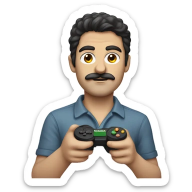 dark hair dark eye man with short mustache holding game controller sticker