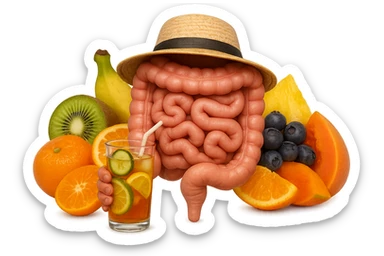EMOJI STILE IPHONE DI INTESTINO UMANO REALISTICO CON CAPPELLO DI PAGLIA DA SPIAGGIA CHE BEVE UN Tè FREDDO IN BICCHIERE DI VETRO CON DENTRO  fette di cetriolo, limone, lime, DIETRO L'INTESTINO C'è UNA MONTAGNA DI PEZZI DI FRUTTA: Kiwi
Banana acerba
Arance e mandarini
Mirtilli
Ananas
Papaya
IPERREALISTICO 4K sticker