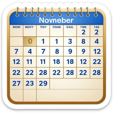 generate a calender page with november 22 written on it, an ios styled icon , background free , blue and gold and white colors sticker