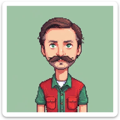 Recep İvedik as a pixel art sprite, iconic Turkish comedy character, thick mustache, expressive eyes, red shirt, playful pose sticker
