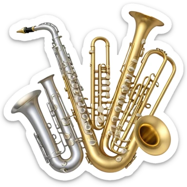 Create a professional, harmonious emoji collage symbolizing wind instruments.  The instruments should be in metallic gold, silver, and brass tones, with subtle reflections to convey a professional and polished appearance. Add soft musical notes or soundwaves to surround the instruments, creating a sense of movement and sound. The background should be transparent, ensuring all instruments are the focus and the composition remains harmonious and balanced. sticker