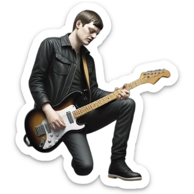 Hyper realistic Ian Curtis, standing, playing electric guitar, full body view sticker