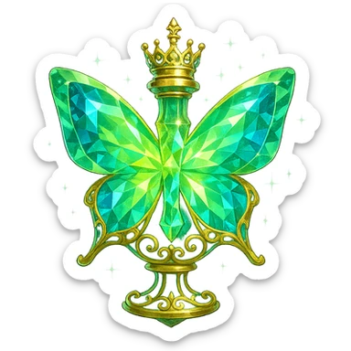 luxurious crystal butterfly-shaped bottle with short neck and crown, green (#c0ff53) and blue colors, glowing, ornaments, magical effects, golden details, transparent background, beautiful connected base, floating in air, no ground or shadow, very similar to the original sticker
