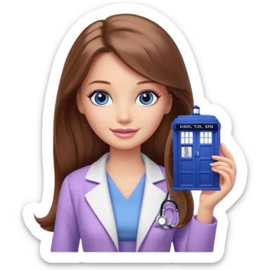 beautiful barbie girl with long brown hair, blue eyes and wearing light purple clothes watching doctor who sticker