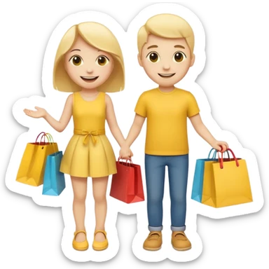 HAPPY SMILEY FACE EMOJI BOY AND GIRL WITH HANDS AND FEET WITH SHOPPING BAGS IN EACH HAND sticker