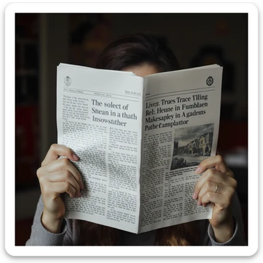 a person holding a newspaper up to their face as if reading, only hands and newspaper visible, photorealistic style, natural light sticker