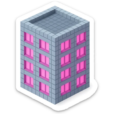 Russian panel apartment building, compact square block, light gray, pink glowing windows, isometric view sticker