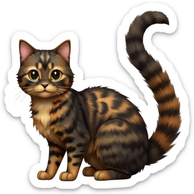 cinematic-[tortoiseshell tabby cat]-realistic-full-body-sitting-emoji,-tail-curled-playfully-around-its-paws,-head-tilted-dramatically,-scruffy-[dark black tortoiseshell coloured]-fur,-simplified-yet-realistic-focused-features,-highly-detailed,-glowing-with-an-almost-sarcastic-glow sticker