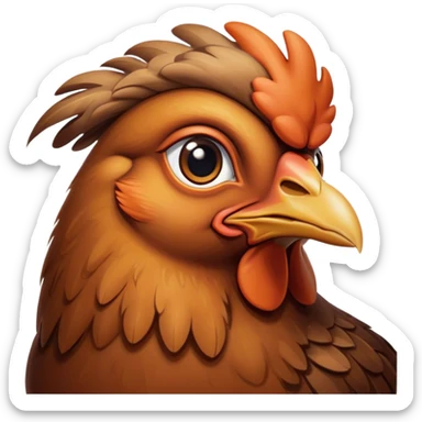 Cinematic Noble Brown Chicken Portrait Emoji, Poised and regal, with a compact, sturdy build and a warm, well-groomed brown plumage, deep-set soulful beady eyes, Simplified yet sharp and sophisticated features, highly detailed, glowing with a soft, dignified glow, high shine, intelligent and earthy, stylized with an air of rustic elegance, focused and attentive, soft glowing outline, capturing the essence of a watchful and confident fowl, so majestic it feels as though it could strut out of the screen with effortless authority! sticker