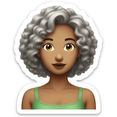 Femme , cheveux bouclés long , brune , yeux vert-marron , peau blanche, crop top gris , qui fait un bisous sticker