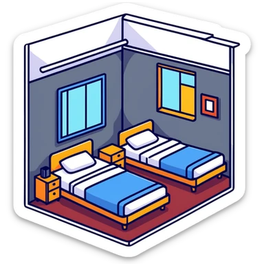 Cozy hotel room with bed and window sticker
