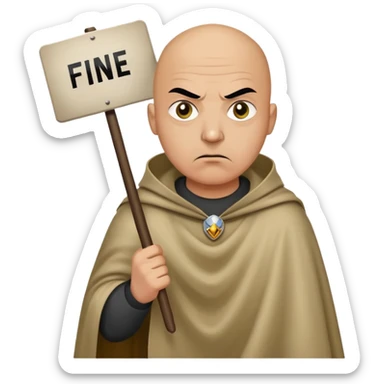a bald general in a poncho with an angry expression on his face holds a sign that says "fine" sticker