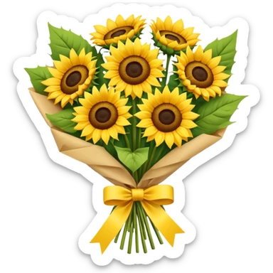bouquet of sunflower with bow and wrapping paper sticker