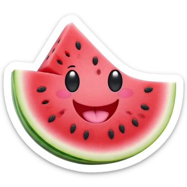 Cute Kawaii Watermelon Slice, juicy and vibrant, soft pastel green rind with pink flesh, tiny black seeds shaped like hearts, an adorable happy face with cute round eyes, bursting with summer energy! sticker