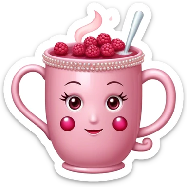 soft pink mug filled with steaming hot raspberry tea, decorated with blush pink pearl and sparkly embellishments (aesthetic, cute) sticker