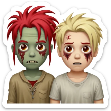 make two zombie boys, one with dreadlocks half blonde and half black, short, and the second with dreadlocks also with red roots, and hair reaching the shoulders  sticker