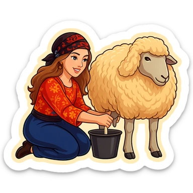 Kurdish cartoon sticker of the same woman in the new Kurdish dress milking a standing sheep. The woman's hands are on the udder, and the bucket is clearly placed between the two back legs behind the sheep in the correct position. Realistic and clear cartoon style, no text, transparent background. sticker