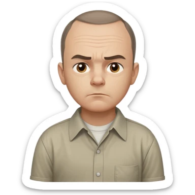 Carl from Sling Blade, serious expression, recognizable features, chin sticking out, slouching posture, no glasses, shirt with collar,  side view,show his entire body, he is standing. three-quarter face angle. He sticks his head forward sticker
