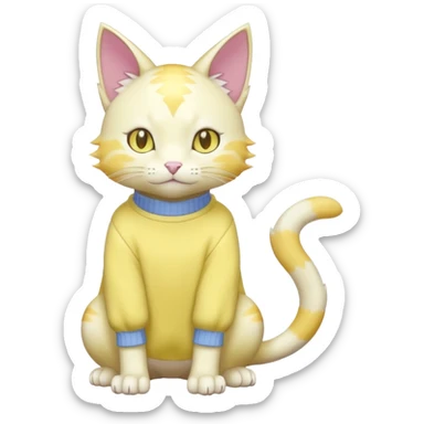 Albino shiny glossy smooth soft realistic cute pretty elegant cat-garurumon-purloin-feline-Fakemon-Digimon-creature wearing a pastel yellow sweater fursona (full body)  sticker