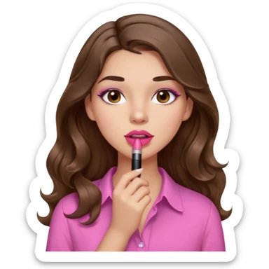 girl with long wavy brown hair, brown eyes, light to medium complexion, in a pink shirt, pink lips, long lashes, puckered lips, putting on lipstick sticker