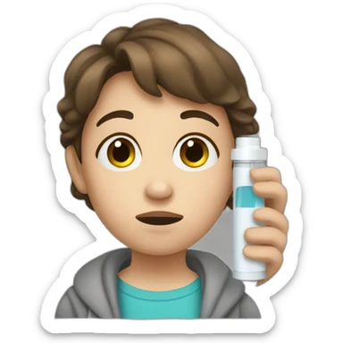 sickly child with brown hair and asthma inhaler sticker