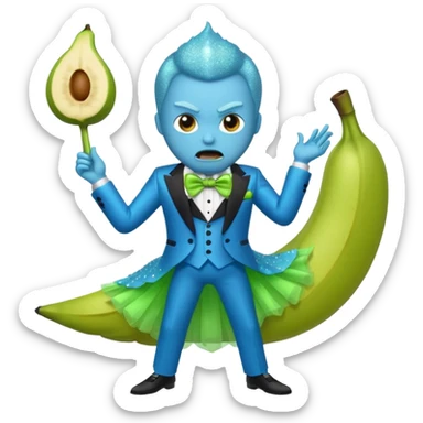 Angry blue banana fruit wearing a sparkly lime green tuxedo and tutu sticker