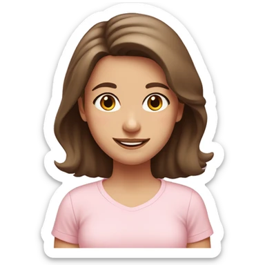 a brown-haired girl with brown eyes in a pale pink T-shirt smiles and has medium-length hair with a small pink bow on her head sticker