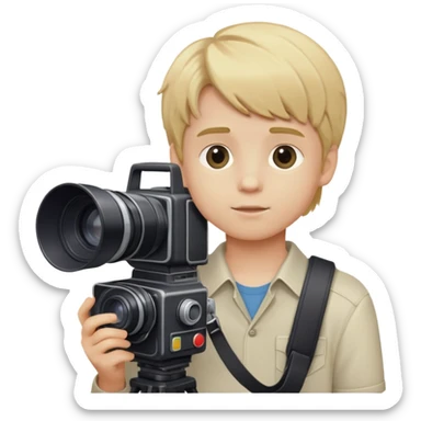 boy with medium blonde hair with a VHS camera slung over his shoulder sticker