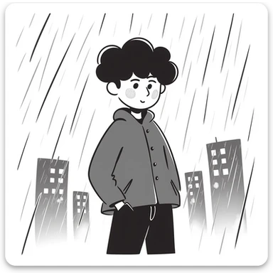 Anime boy protagonist standing in pouring rain, dramatic anime scene sticker