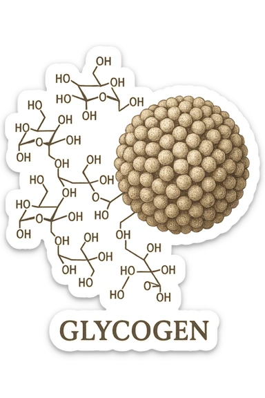 realistic and detailed illustration of glycogen, represented as molecular structure or granular accumulation, scientific style, isolated on transparent background, aspect ratio 2:3 sticker