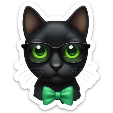 Black Cat with green eyes wearing sunglasses and a bow sticker