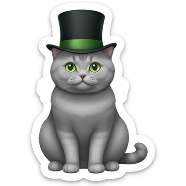 gray British Shorthair cat full body sitting with a black top hat and green eyes sticker