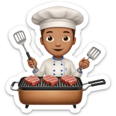 A 3D cartoon cook flipping meat on a grill with tongs, gentle smoke effect, Memoji-style lighting. sticker