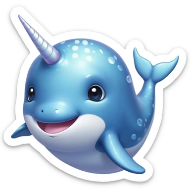 Cinematic Cute Cute Narwhal Portrait Emoji, Head tilted playfully and inquisitively, featuring a charming, sleek body with softly iridescent skin, a prominently spiraled tusk and large, twinkling eyes full of gentle wonder, Simplified yet irresistibly adorable features, highly detailed, glowing with a warm, inviting ocean glow, high shine, affectionate and lively, stylized with a touch of magical sea whimsy, soft glowing outline, capturing the essence of a mischievous yet endearing cute narwhal that seems as if it could frolic out of the screen into your heart! sticker