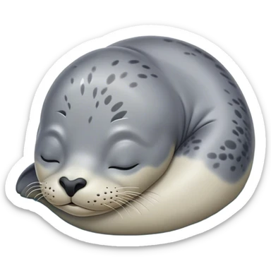 Meme-Worthy Cute Sleeping harbour seal Portrait Emoji, Head resting peacefully with a contented smile, showcasing a smooth, streamlined body and eyes gently closed in serene slumber, Simplified yet adorably endearing features, highly detailed, glowing with a soft, drowsy ocean light, high shine, relaxed and utterly lovable, stylized with an air of playful laziness, soft glowing outline, capturing the essence of a sleeping seal that feels destined to become the next viral icon of adorable rest! sticker