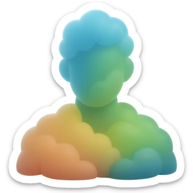 shoulder-up portrait of a person facing forward, fully composed of bright, convex clouds of different colors, matte glass style sticker
