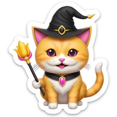 Gotito negro con ojos amarillo sonriendo feliz con los bigotes largos y disfraz de bruja de color rosa el disfraz con varita sticker