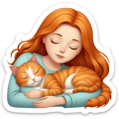 Generate a picture of a beautiful girl with long hair sleeping with a ginger cat sticker