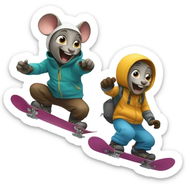 Two mouses snowboarding down a mountain  sticker