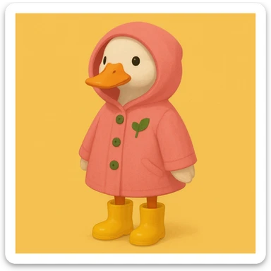 A duck wearing a pink hooded coat with green buttons and a green leaf on the chest, and yellow boots. The background is plain and yellow. sticker