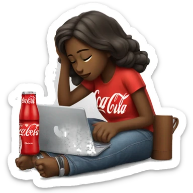 tired girl with laptop drinking coca-cola sticker