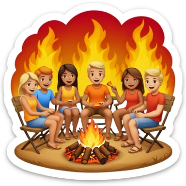 Born fire and people sitting beside born fire on chairs. Born fire is in the centre sticker