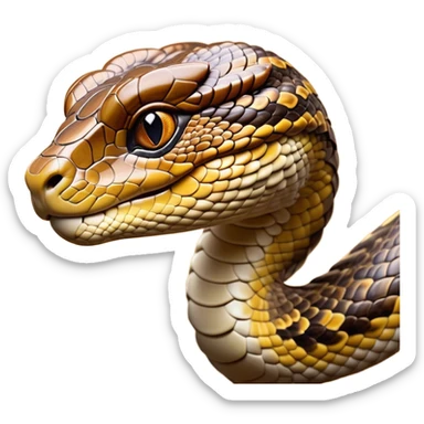 Cinematic Noble Python Portrait Emoji, Poised and regal, with a powerful, sinuous body adorned in intricate scale patterns and piercing, focused eyes, Simplified yet sharp and sophisticated features, highly detailed, glowing with a soft, earthy glow, high shine, intelligent and formidable, stylized with an air of primal elegance, focused and commanding, soft glowing outline, capturing the essence of a watchful and confident serpent that appears ready to coil out of the screen with effortless authority! sticker