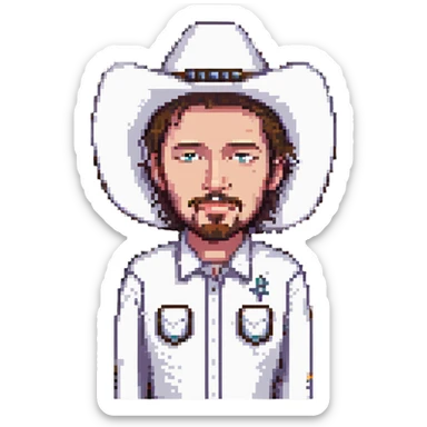 man with a goatee wearing a white cowboy hat sticker