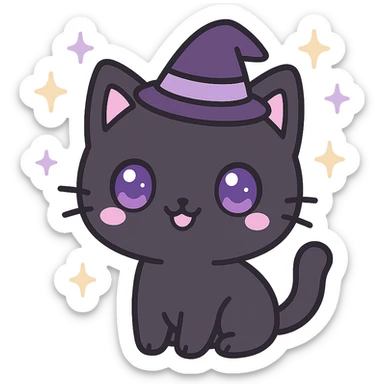 kawaii style magical gothic cat, cute face, black fur, purple eyes, wearing a tiny witch hat, sparkling stars, playful and enchanting sticker