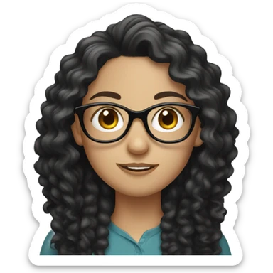 A white girl with black long curly hairs and glasses sticker